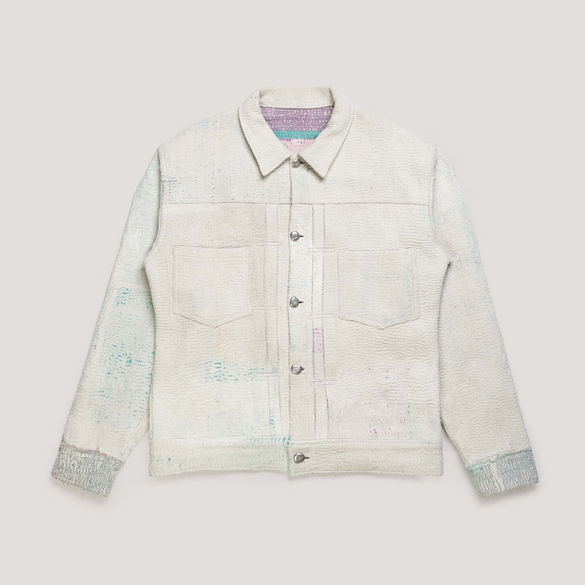 White Multi-Layered Kantha Quilted Jacket front - Sustainable Fashion by Object from Nothing
