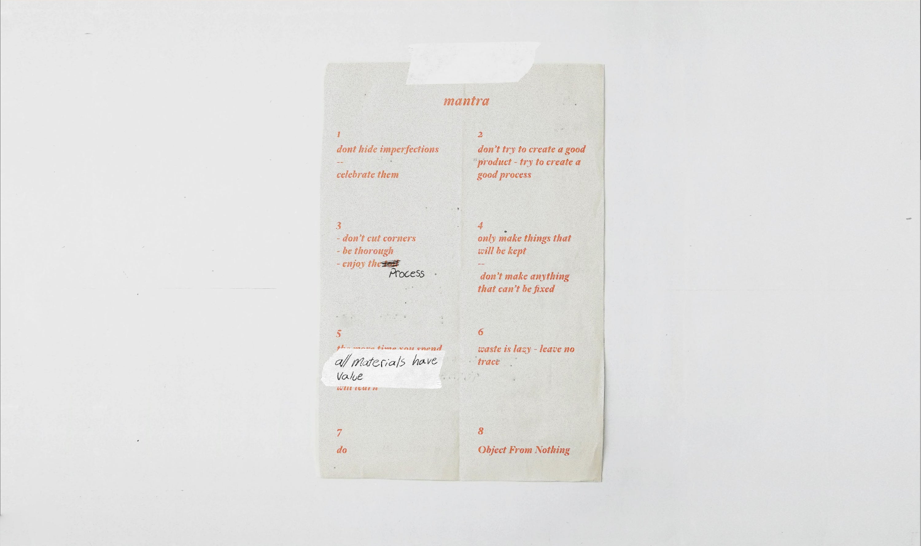 Object From Nothing studio mantra poster listing values like celebrating imperfections, avoiding waste, and valuing all materials in the design process