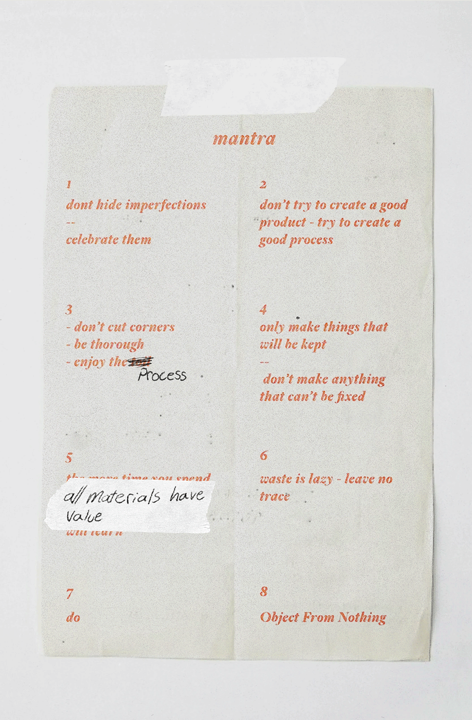 Object From Nothing studio mantra poster listing values like celebrating imperfections, avoiding waste, and valuing all materials in the design process